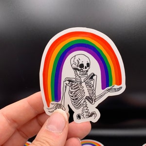 Cute spooky Pride skeleton sticker | lgbtqia+ | rainbow vinyl sticker | rainbow skull | Now BIGGER and BETTER!