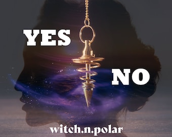 Könnte beinhalten: Ein goldenes Pendel mit einem Spiraldesign hängt an einer Kette vor einem dunklen Hintergrund mit einer Silhouette eines Kopfes. Die Wörter "YES" und "NO" sind in weißer Schrift sichtbar. Die Wörter "witch.n.polar" sind in weißer Schrift am unteren Rand des Bildes sichtbar.