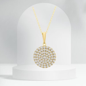 Circle Necklace, Pave Disc Necklace, 14K Solid Gold Pave Circle Disc Necklace, Pave Round Necklace, Round Disc Necklace, Valentines Day Gift