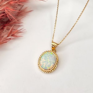 Opal Gold Necklace, 14K Solid Opal Gold Necklace, Opal Necklace, White Opal Necklace, Opal Jewelry, Christmas Gift, Vintage Necklace Women