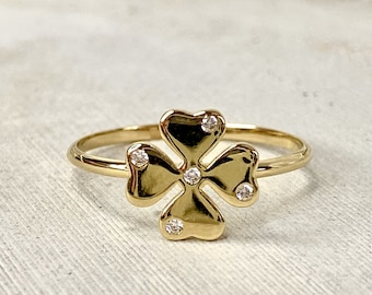 Anillo de cuatro hojas de oro macizo de 14 quilates, anillo de trébol de cuatro hojas, anillo de la suerte, anillo de trébol mini, anillo de la suerte de oro, regalo para mamá, joyería de regalo de Navidad