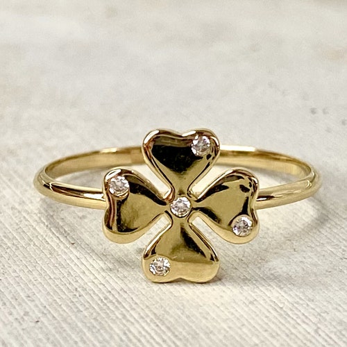 14K Solid Gold Four Leaf Ring, Four Leaf Clover Ring, Good Luck Ring, Mini Clover Ring,Gold Lucky Ring, Gift shops Mom, Christmas Gift Jewelry