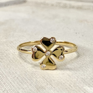 14K Solid Gold Four Leaf Ring, Four Leaf Clover Ring, Good Luck Ring, Mini Clover Ring, Gold Lucky Ring, Gift Mom, Christmas Gift Jewelry