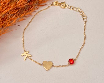 14K Gold Solid Birthstone With Initial Bracelet, Birthstone Bracelet, Initial Bracelet, Charm Bracelet, Gold Bracelet, Valentine's Day Gift