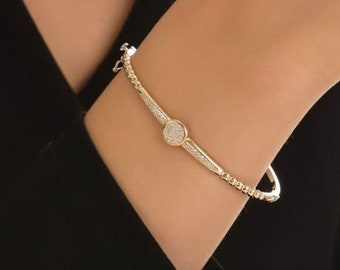 Solid Gold Bangle Bracelet, 14K Solid Gold Bangle Bracelet For Women, Gift For Mom, Bangle Bracelet CZ, Stone Bracelet, Swarovski Bracelet
