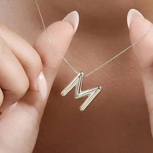 Colar inicial de balão de ouro maciço 14K, colar inicial 3D, colar de letras de balão, joias de presente de Natal, colar de letras iniciais grandes