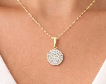 Circle Necklace, Pave Disc Necklace, 14K Solid Gold Pave Circle Disc Necklace, Pave Round Necklace, Round Disc Necklace, Valentines Day Gift