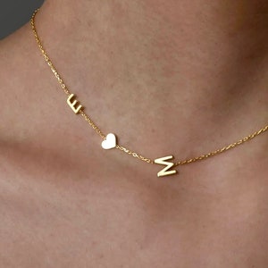 Seitlich Anfangshalskette, 14K Massivgold Anfangshalskette, personalisierter Name, Geschenk für sie, Valentinstagsgeschenk, asymmetrische Buchstabenhalskette