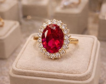 14K Gold Ruby Moissanite Halo Engagement Ring, Ruby Halo Ring, Oval Ruby Ring, Princess Diana Rings, Moissanite Ring, Valentine's Day Gift
