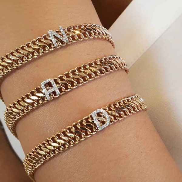 14K Massivgold Wien Armband, Gold Panzer Gliederkette Armband, Gourmet Armband mit Initiale, Echt Gold Gourmet, personalisiertes Muttertagsgeschenk