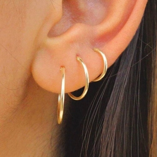 Hoop Earrings Gold, 14K shops Solid Gold Round Hoop Earrings, Gold Endless Hoop Earrings, Minimalist Huggie, 3 Size Gold Earrings, Christmas Gift