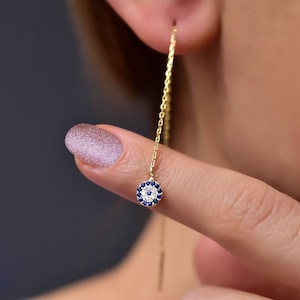 CZ Dangle Evil Eye Earrings, 14K Solid Gold, Dangle & Drop Earrings, Gift For Her, Custom Earrings, Evil Eye Jewelry, Christmas Gift