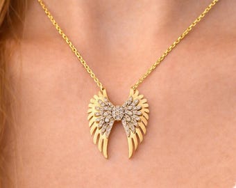 Collar de alas de ángel, collar de alas de ángel de oro macizo de 14 quilates, collar de ángel, regalos para ella, collar conmemorativo, regalo para mujer, collar de ángel de oro