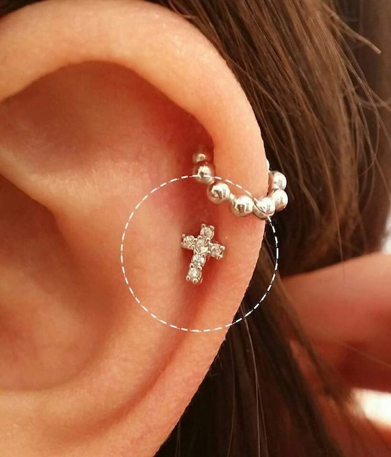 Tragus Earring Flat Back 14K Solid Gold Cross Earrings Small