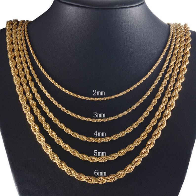 14K Solid Gold Rope Chain Necklace, 2mm 3mm 4mm Rope Chain Necklace ...