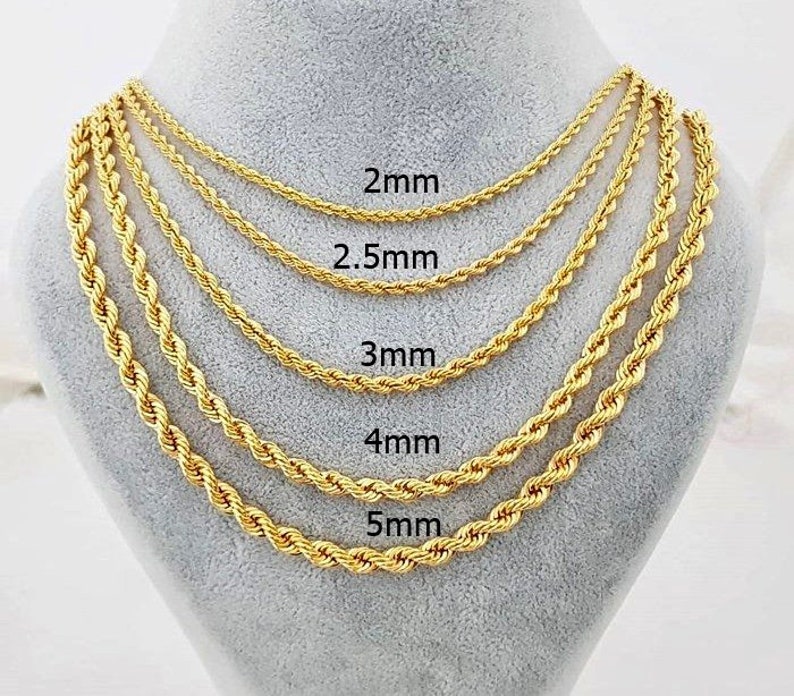 14K Solid Gold Rope Chain Necklace, 2mm 3mm 4mm Rope Chain Necklace ...