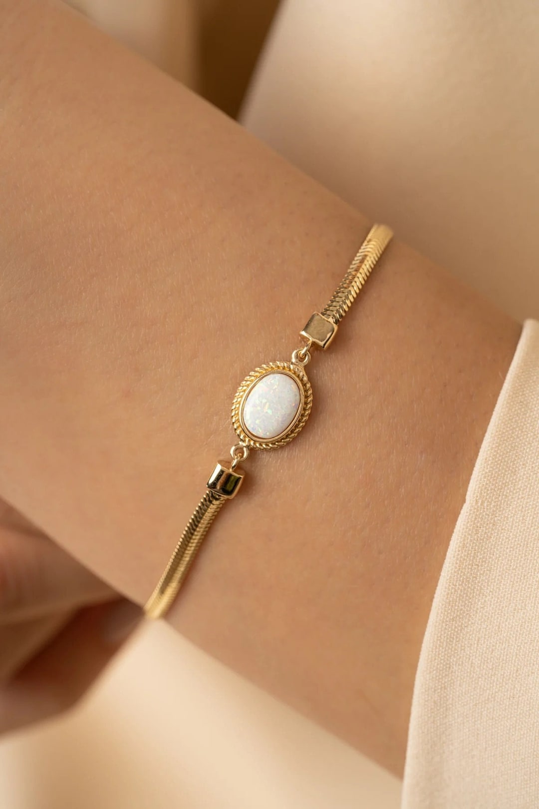 14K Solid Gold Opal Bracelet, Italian Chain Bracelet, Blue Opal