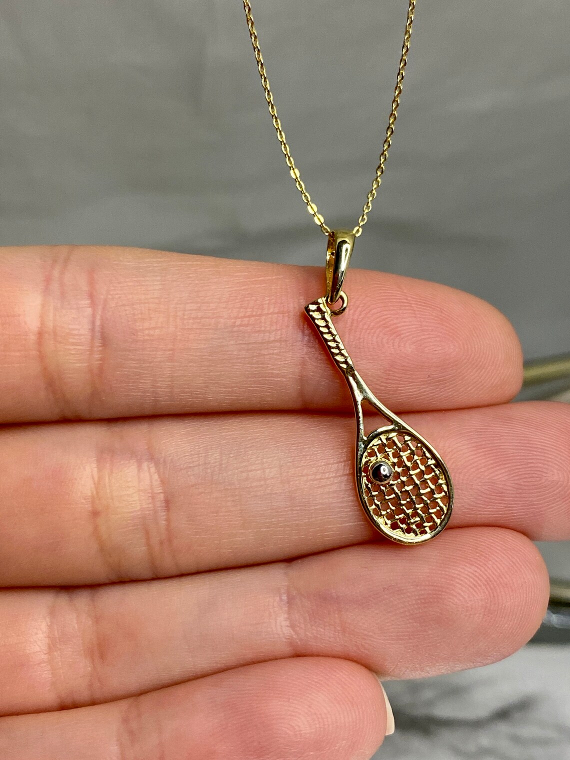 Tennis Racket Necklace 14K Solid Gold Tennis Racquet Etsy