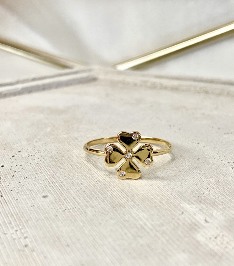 14K Solid Gold Four Leaf Ring, Four Leaf Clover Ring, Good Luck Ring, Mini Clover Ring,Gold Lucky Ring, Gift shops Mom, Christmas Gift Jewelry