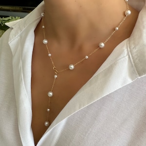 Pearl Necklace For Woman, 14K Solid Gold Pearl Necklace, Wedding Gift Pearl Necklace, Adjustable Necklace, Multiple Pearls Necklace, Jewelry