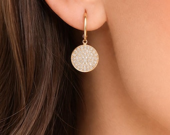 CZ Pave Ohrringe, 14K Solid Gold Micro Pave Ohrringe, Kreis Ohrringe, Pave Disc baumeln Creolen, Disc Ohrring, Weihnachtsgeschenk