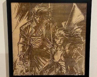 Rogue and Gambit Framed Wood Engraving Marvel Super Hero