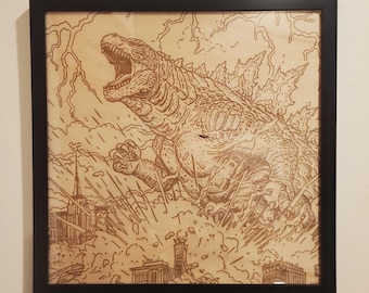 Godzilla Framed Wood Engraving
