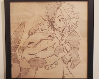 Marvel Rivals Jeff the Shark and Luna Snow Framed Wood Engraving