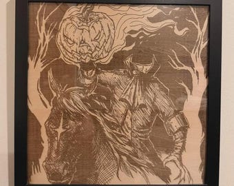 Headless Horseman Framed Wood Engraving Halloween Horror
