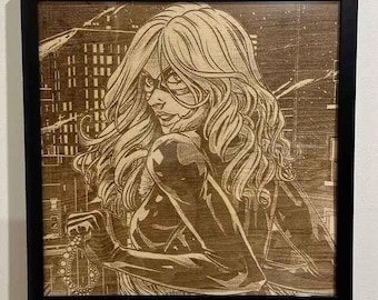 Black Cat Framed Wood Engraving Marvel Super Hero