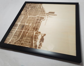 Chicago Map Wooden Engraving 12x12 Framed