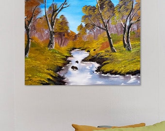 Oil Landscape painting, wet on wet, Original oil painting Fall River Creek