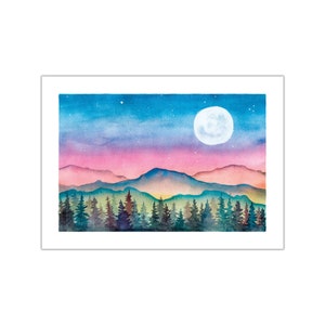 Mountain Moon print en wenskaart, aquarel, schilderij muurkunst serene scène woonkamer slaapkamer cadeaucadeaus voor haar hem housewarming