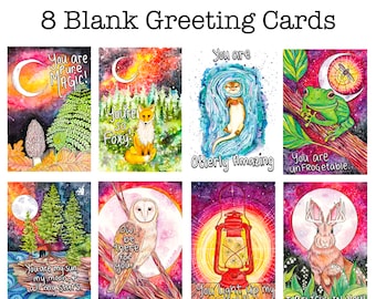 8 Skurril Inspirierende Grußkarten, 10x15, süß, witzig, bezaubernd, Eule, Kaninchen, Esel, Mond, Geburtstag, neuer Job, Otter, Frosch