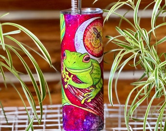 Tree Frog 20 oz Tumbler with metal straw, watercolor frog crescent moon and firefly in galaxy starry night sky, colorful gift for kids child