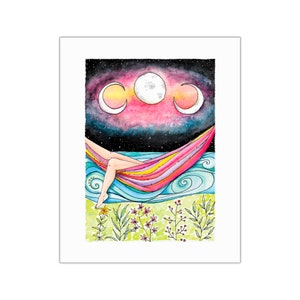 Lazy Moonstruck Evening impresión y tarjeta de felicitación, acuarela, pintura, arte de pared, hamaca, regalos ella, niña, dormitorio, sala de estar, boho