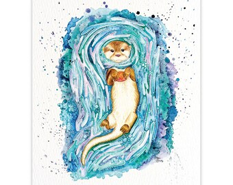 Fluss Otter Aquarell Grußkarte, süsser entzückender Kunstdruck für Kinderzimmer Junge Mädchen Geschenk Sie ihr Tier Aquarell