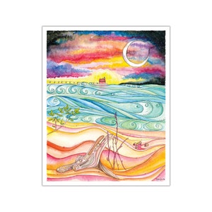 Impresión y tarjeta de felicitación de madera a la deriva de hoja caduca, arte de pared de acuarela pintura faro playa madera a la deriva olas regalo costero náutico para ella