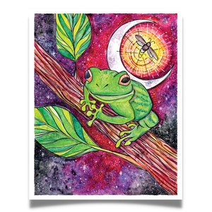 Impresión y tarjeta de felicitación Midnight Serenade, impresión giclee de bellas artes de una rana arborícola con luna creciente y luciérnaga sobre papel 100% algodón