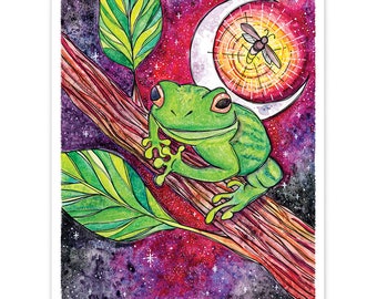 Grußkarte mit Mitternachtsserenade, Fine Art Druck eines Laubfrosches mit Mondsichel und Glühwürmchen auf 100% Baumwollpapier