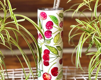 Cherry 20 oz Tumbler with metal straw, cute unique insulated coffee mug covered in watercolor cherries, a great gift idea for her or him