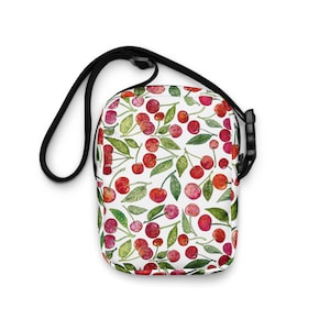 Bolso bandolera cereza, unisex, cerezas, bolso, billetera, celular, huerto, lindo, adorable, acuarela única, versátil