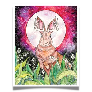 Impression Jackalope et carte de voeux, aquarelle, peinture, art mural, mignon, adorable, lapin, lapin, lune, ciel nocturne, étoiles, cadeau, chambre de bébé