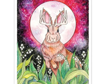 Jackalope Druck und Grußkarte, Aquarell, Malerei, Wandkunst, niedlich, bezaubernd, Kaninchen, Hase, Mond, Nachthimmel, Sterne, Geschenk, Kinderzimmer