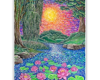 Waterlily Whispers Beneath the Willows giclee print, greeting card, lotus flower painting, wall art decor, spring, unique, popular right now