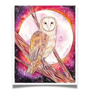 Impression de lune effraie des cloches et carte de voeux, art animalier aquarelle, galaxie, ciel étoilé, étoiles, peinture magique, art mural d'Halloween chouette