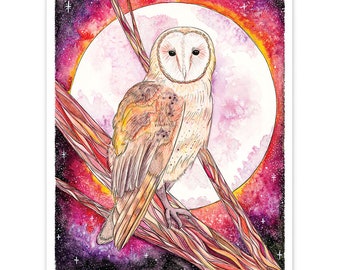 Wydruk księżycowy z płomykówką i kartka z pozdrowieniami, akwarelowa sztuka zwierzęca, galaktyka, rozgwieżdżone niebo, gwiazdy, magiczne malowanie, sowa na Halloween