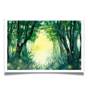May include: A watercolor painting of a forest scene with a bright yellow light shining through the trees. The forest is filled with green foliage and glowing fireflies.