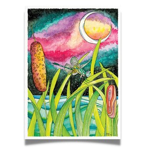 Impression libellule rêveries et carte de voeux, aquarelle art mural quenouilles lune nuit ciel étoiles cadeau fille sa chambre d'enfant
