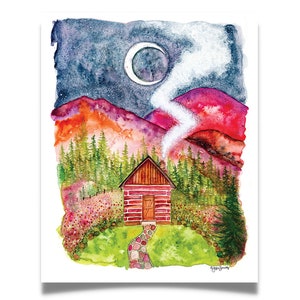 Tranquilo Hearth impressão e cartão de felicitações, pintura em aquarela arte de parede cabine madeiras montanha montanhas casa de campo sala de estar quarto presente